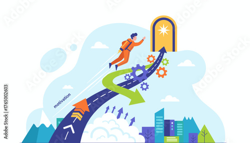 Vivid vector illustration depicting a person with a jetpack soaring upwards on a winding road towards a glowing arched doorway, symbolizing motivation, success, and achieving goals through hard work