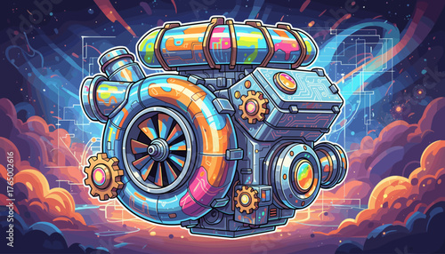 Vibrant and futuristic metallic car engine component, featuring a turbocharger and intricate circuitry, set against a cosmic background with swirling nebulae and glowing digital lines, symbolizing