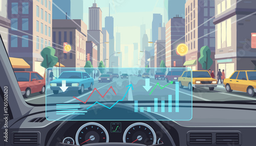 Futuristic car dashboard displays a virtual stock market data interface with rising and falling graphs, superimposed over a bustling city street scene with traffic and skyscrapers, symbolizing