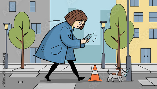 A woman engrossed in her smartphone screen walks down a city street, narrowly missing a traffic cone, while her dog curiously sniffs a phone attached to a lamppost, illustrating modern distractions