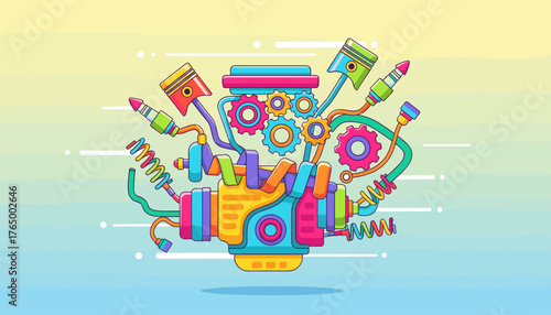 Vibrant and colorful illustration of a stylized car engine component, featuring pistons, gears, and connecting rods in a playful, abstract design against a gradient background, symbolizing mechanical