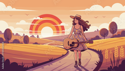 A young woman with long, wavy brown hair and a straw hat, wearing a floral dress, walks along a dusty country road carrying an acoustic guitar on her shoulder, with a vibrant rainbow and sun setting