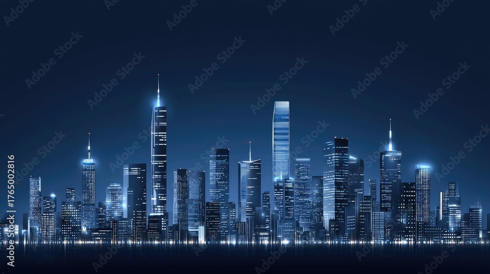 Obraz premium The skyline features tall buildings with bright lights and digital graphics, blending urban life and technology at night