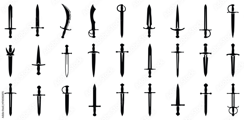 Naklejka premium Sword Icons Set, Collection Of Blade Silhouettes And Weapon Symbols For Fantasy Design Project Management And Game Development Applications