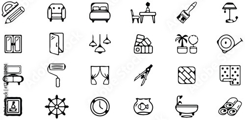 Home Design Icons, Set Of Furniture Bed And Lamp Symbols For Interior Design Project Management And Lifestyle Applications

