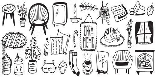 Home Decor Icons, Set Of Cozy Chair Plant And Fireplace Symbols For Interior Design Project Management And Lifestyle Applications

