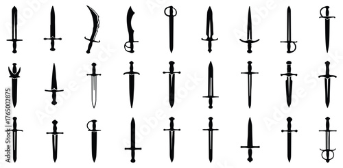 Sword Icons Set, Collection Of Blade Silhouettes And Weapon Symbols For Fantasy Design Project Management And Game Development Applications

