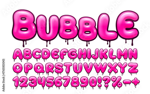 Sweet Pink Bubble Font with Dripping Effect. A fun and glossy alphabet for playful designs.