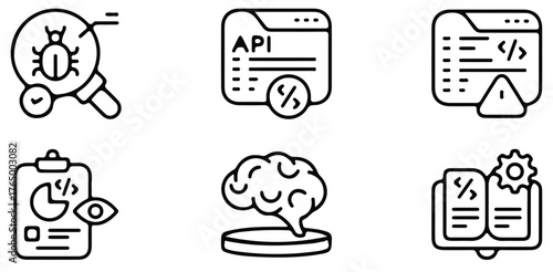 Tech Development Icons, Set Of Bug API Code And Brain Symbols For Software Design Project Management And Programming Applications

