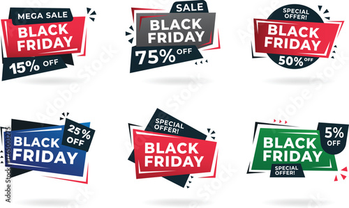 Black Friday Geometric Sticker Banner Set: 6 Modern Discount Designs with 15% to 75% Off Tags for Social Media and Marketing Campaigns