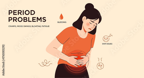 Worried woman experiencing period problems like cramps, fatigue, bloating, mood swings, and skin issues needs relatable health content for menstruation awareness and feminine care campaigns