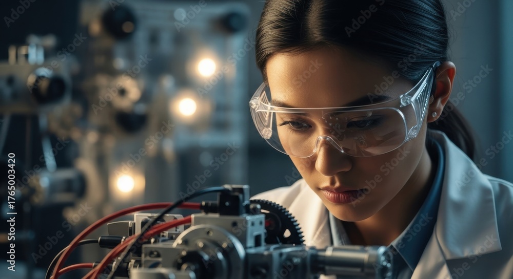 Fototapeta premium Young engineer works intently on robotic technology in a lab during evening hours