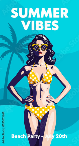 Summer vibes beach party invitation with fashionable woman in polka dot bikini and sunglasses, perfect for trendy vacation promotions and tropical getaway advertising campaigns