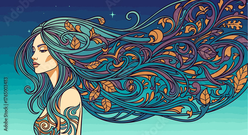 Stunning artwork of a woman with flowing, ornate hair and magical details, perfect for fantasy book covers, creative campaigns, and bohemian fashion designs with serene beauty