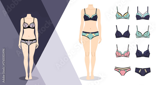 Explore a collection of elegant lingerie designs featuring stylish bras and panties for fashion and apparel concepts, perfect for catalogs, online stores, and designer presentations
