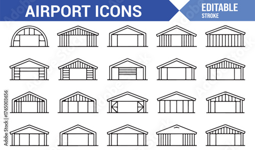 Airport Terminal and Hangar Icons — Editable Vector Pack of Line Art Architecture Illustrations