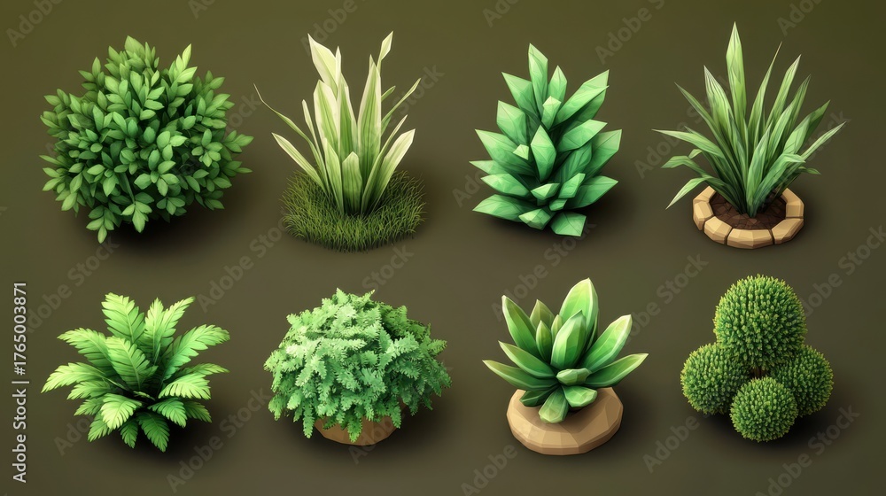 Fototapeta premium Collection of eight different green potted plants and foliage, showcasing various shapes and textures