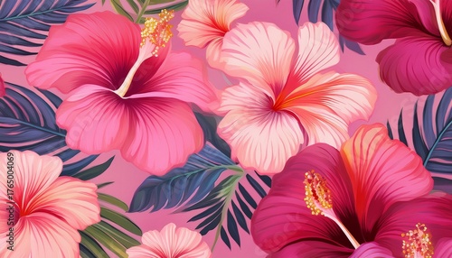 floral tropical hawaiian seamless pattern background with abstract hibiscus flower aapi background modern creative print pink cute summer vacation wallpaper