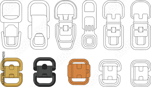 Bag metal clasp hardware, swivel hook, snap buckle connector, fashion accessory component design for handbag and leathercraft illustration