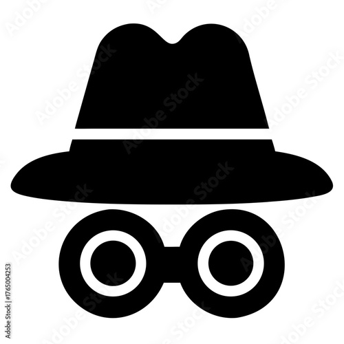 3d icon of black silhouette of a fedora hat and round glasses, representing a spy or detective