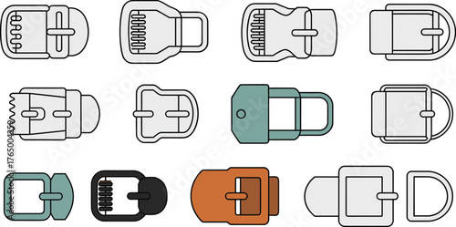 Modern bag buckle and clasp hardware set, metal fastener vector illustration for fashion accessories, handbags, and leather goods