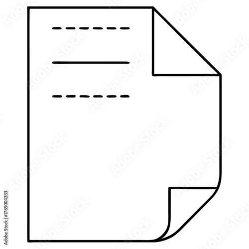 3d icon of a simple black and white line drawing of a document with lines and dashed lines