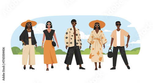 A vibrant flat design illustration featuring diverse attendees showcasing unique and sustainable festival fashion styles at Wonderfruit Festival. 