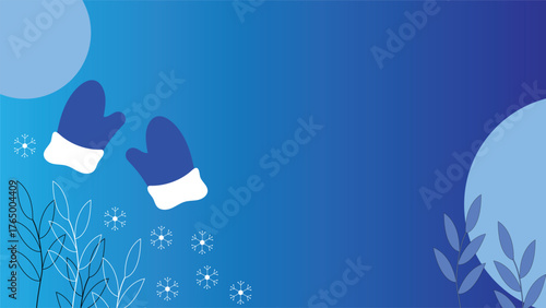 Modern winter background featuring blue gloves white snowflakes and abstract leaves on gradient blue backdrop perfect for seasonal greetings banners and holiday designs
