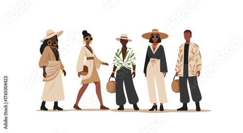 A vibrant flat design illustration featuring diverse attendees showcasing unique and sustainable festival fashion styles at Wonderfruit Festival. 