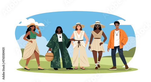 A vibrant flat design illustration featuring diverse attendees showcasing unique and sustainable festival fashion styles at Wonderfruit Festival. 