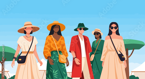 A vibrant flat design illustration featuring diverse attendees showcasing unique and sustainable festival fashion styles at Wonderfruit Festival. 