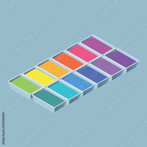 Twelve vibrant paint trays arranged in a diagonal grid on a light blue background, featuring a full spectrum of colors from green to teal — clean, colorful, and visually striking.