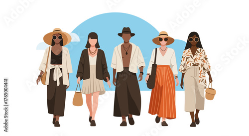 A vibrant flat design illustration featuring diverse attendees showcasing unique and sustainable festival fashion styles at Wonderfruit Festival. 