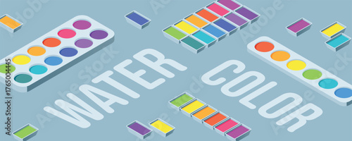 Vibrant watercolor palettes on a light blue background with scattered paint blocks and bold 