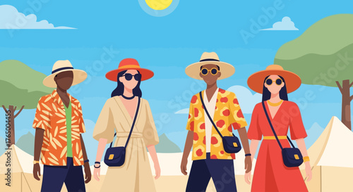 A vibrant flat design illustration featuring diverse attendees showcasing unique and sustainable festival fashion styles at Wonderfruit Festival. 