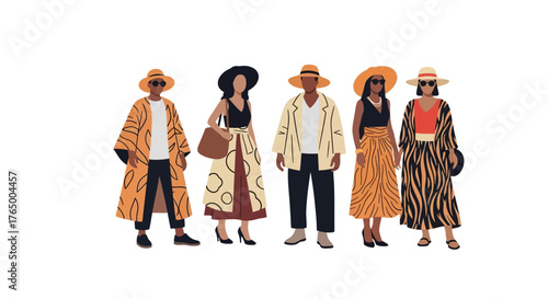 A vibrant flat design illustration featuring diverse attendees showcasing unique and sustainable festival fashion styles at Wonderfruit Festival. 