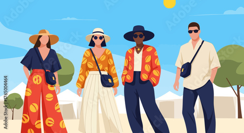 A vibrant flat design illustration featuring diverse attendees showcasing unique and sustainable festival fashion styles at Wonderfruit Festival. 