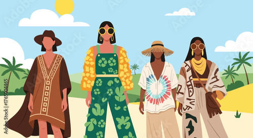 A vibrant flat design illustration featuring diverse attendees showcasing unique and sustainable festival fashion styles at Wonderfruit Festival. 