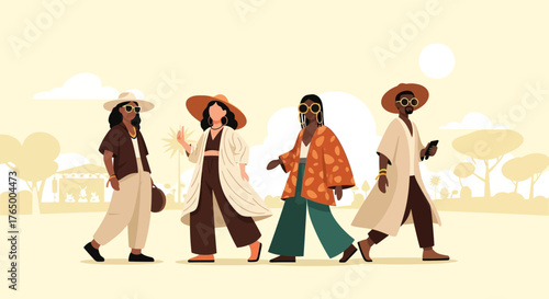 A vibrant flat design illustration featuring diverse attendees showcasing unique and sustainable festival fashion styles at Wonderfruit Festival. 