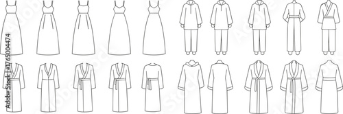 Fashion garment CAD drawing, flat vector illustration of dress and robe designs, technical clothing template for apparel designers
