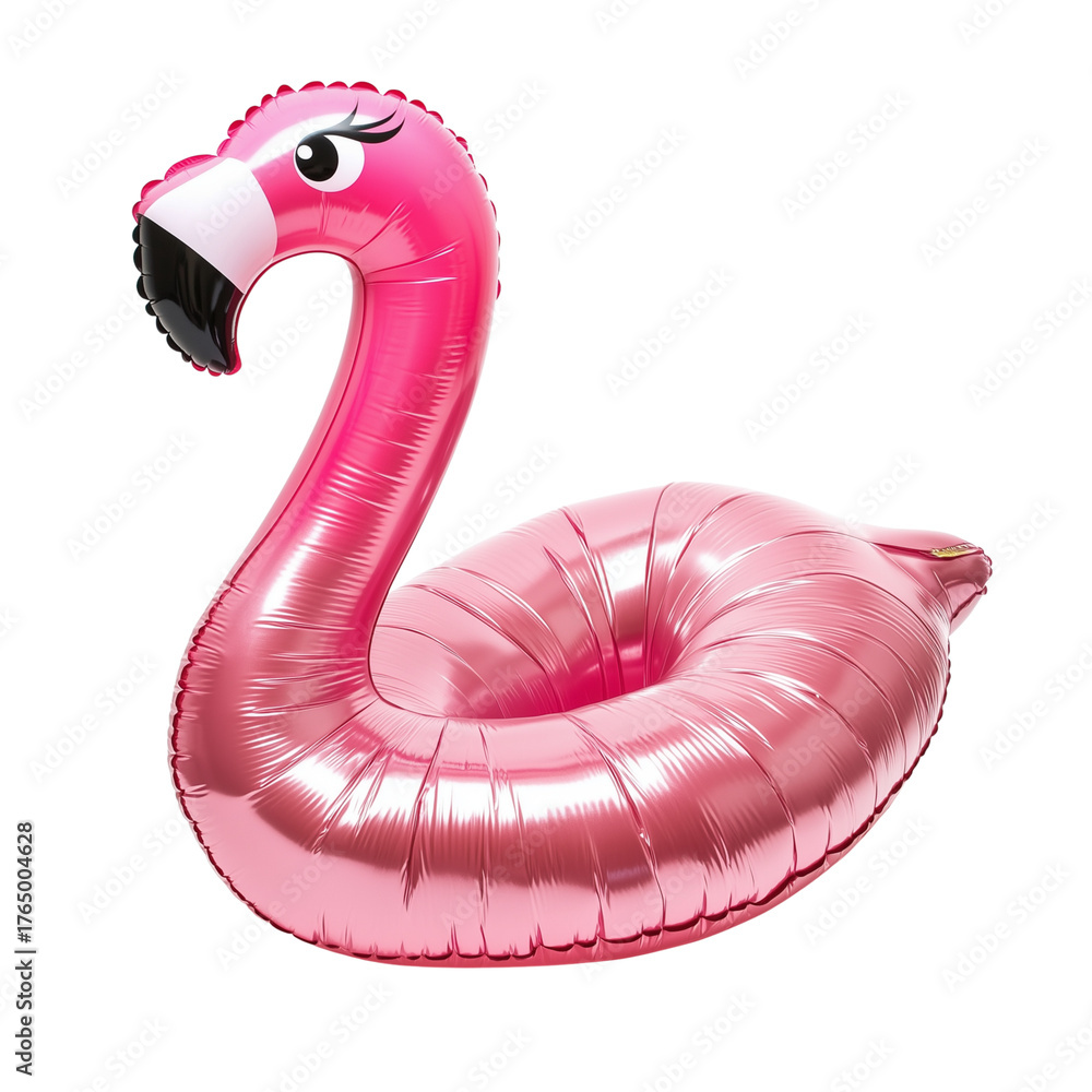 Fototapeta premium A bright pink flamingo inflatable toy floating on clear turquoise water at a sunny tropica on transparent png background. Ai generatedl beach,
