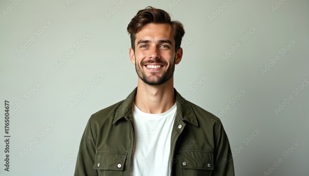 Obraz premium Young caucasian man smiles at camera wearing green jacket over white t-shirt. Happy male with beard in casual clothes on gray background. Friendly adult person with positive expression.