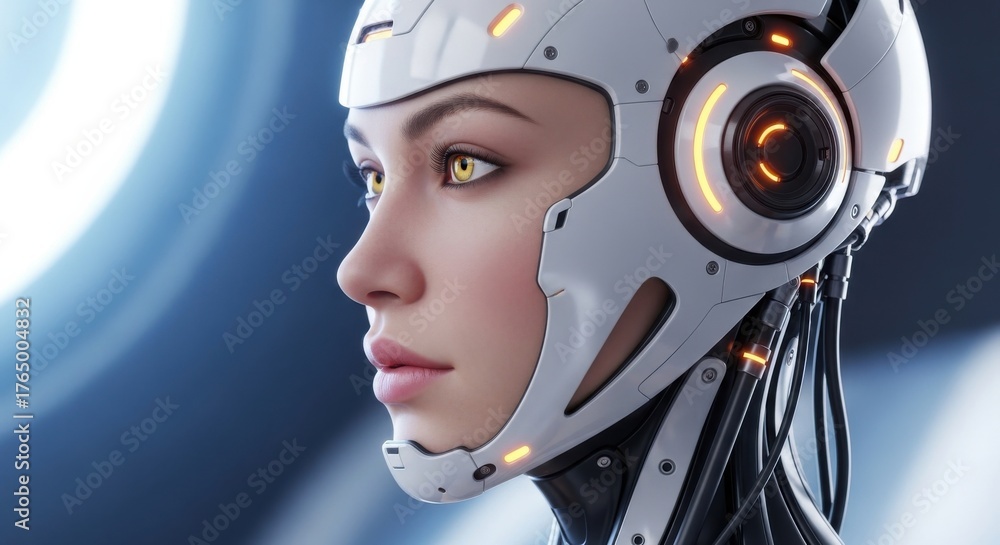 Fototapeta premium Robotic woman with futuristic features and advanced technology in a modern setting