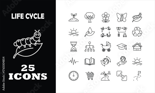 Vibrant collection of 25 diverse line art icons depicting life cycles, growth, and evolution for modern projects