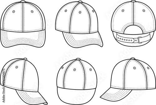 Cad drawing flat vector illustration of baseball cap technical sketch, adjustable hat template, unisex fashion design front and back views