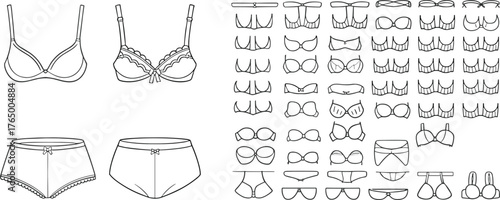 Cad drawing flat vector illustration of women lingerie collection, bra and panties technical sketch, underwear fashion design template set