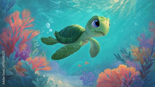 Cartoon turtle swimming in the ocean with colorful coral and sunlight