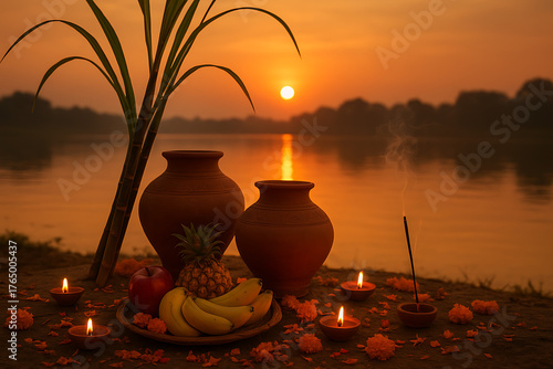 Arghya offerings on a riverside during sunset featuring clay pots, sugarcane stalks, fruits, and lit diyas, a traditional part of the Hindu happy chhath puja rituals