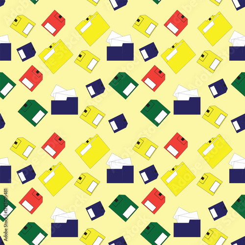 Creative seamless office pattern featuring colorful folders floppy disks and envelopes on light yellow background ideal for business stationery digital storage and workspace themed designs