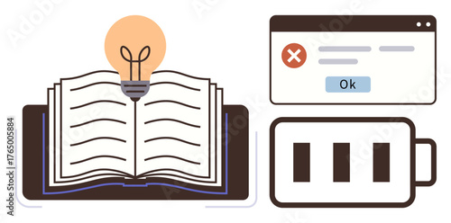 Open book with glowing lightbulb above, low battery graphic, and webpage error message box. Ideal for education, creativity, innovation, problem-solving, energy management, technology criticism